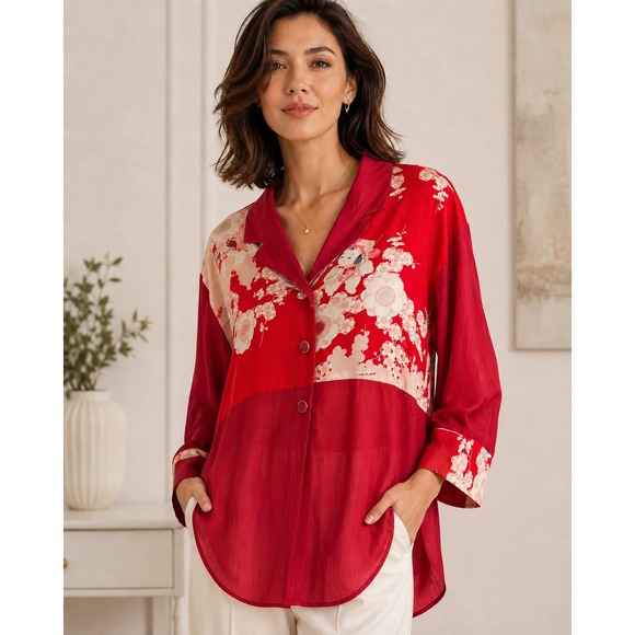 Itsuko Takeda Tops - Vintage Itsuko Takeda 100% Silk Kimono Floral Tunic Blouse Red Women No Size
